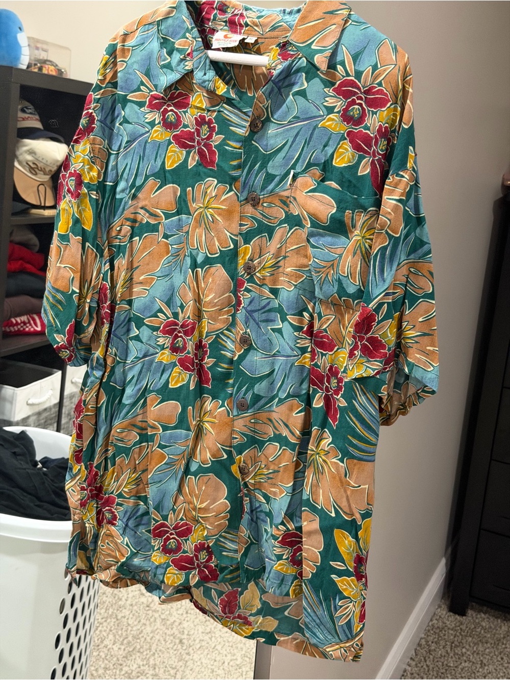 Men's Tropical Floral Button-Down Shirt in Teal & Tan